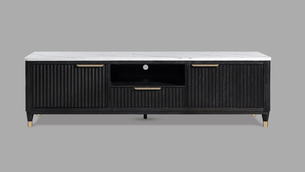 English Elm 1pc Modern Luxury Fluted Wood Facade TV Stand with Faux Marble Top, Brass Accents & Tapered Legs Black,White 20.25 L x 87 W x 24 H B2741P366757