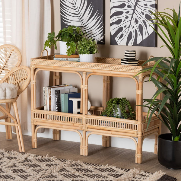 Baxton Studio bali Lombok Modern Bohemian Rattan Console Table - Handcrafted Natural Storage with Woven Accents Lombok-Rattan-Console Table