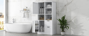 English Elm Bathroom Tall Storage Cabinet with Doors, 2 Drawers, Adjustable Shelf, Anti-Tip, MDF White, Sleek Handles WF530559AAK