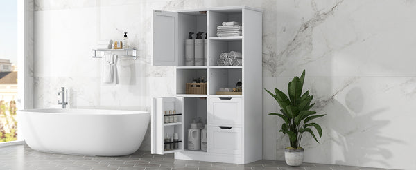 English Elm Bathroom Tall Storage Cabinet with Doors, 2 Drawers, Adjustable Shelf, Anti-Tip, MDF White, Sleek Handles WF530559AAK