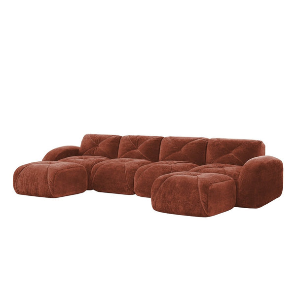 English Elm U-shaped Modular Velvet Sofa Tufted Cushions High Density Foam Living Room Sectional Red+Brown W714S01611