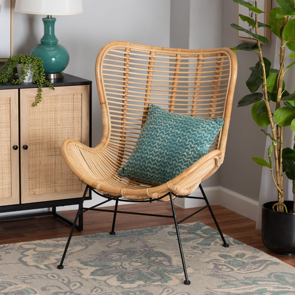 Baxton Studio bali Colorado Modern Bohemian Rattan Accent Chair with Black Metal Base for Stylish Comfort Colorado-Natural/Rattan-CC