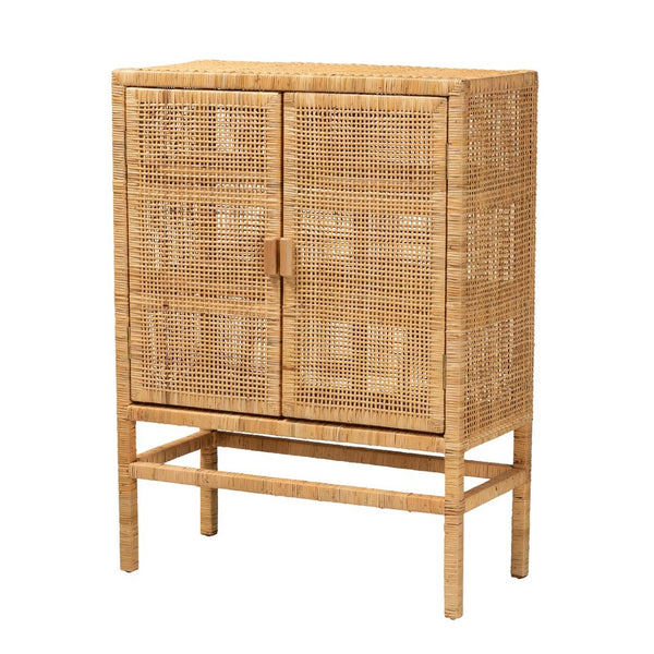 Baxton Studio bali Vivan Modern Bohemian Rattan & Mahogany 3-Shelf Storage Cabinet – Stylish & Functional Home Solution Vivan-W81-Rattan-Cabinet