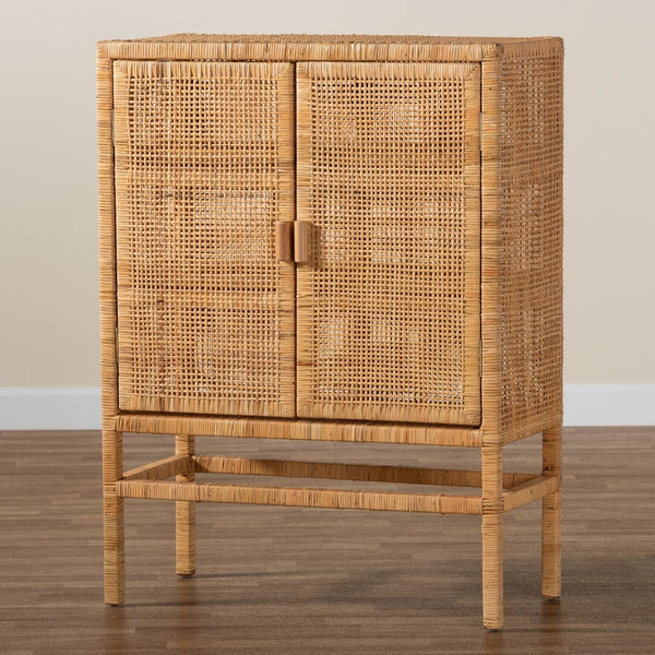 Baxton Studio bali Vivan Modern Bohemian Rattan & Mahogany 3-Shelf Storage Cabinet – Stylish & Functional Home Solution Vivan-W81-Rattan-Cabinet