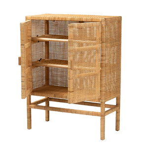 Baxton Studio bali Vivan Modern Bohemian Rattan & Mahogany 3-Shelf Storage Cabinet – Stylish & Functional Home Solution Vivan-W81-Rattan-Cabinet