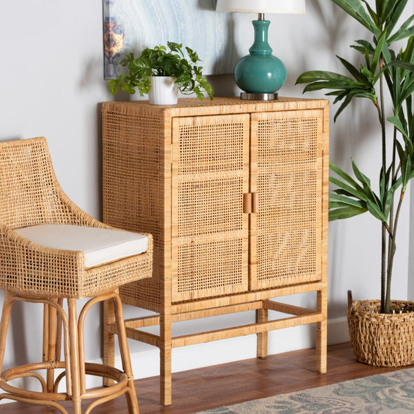 Baxton Studio bali Vivan Modern Bohemian Rattan & Mahogany 3-Shelf Storage Cabinet – Stylish & Functional Home Solution Vivan-W81-Rattan-Cabinet