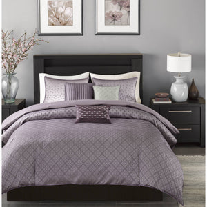 JLA Home Madison Park - 6 Piece Jaquard Duvet Cover Set with Shimmering Ombre Center, Embroidered Decorative Pillows, Glam Finish Purple MP12-3053