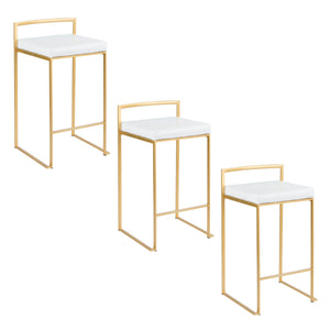 English Elm Fuji 26" Glamorous Gold Metal Counter Stool Set Of 3 With White Faux Leather For Modern Spaces B202P221995