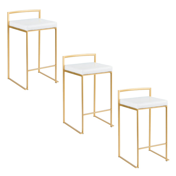 English Elm Fuji 26" Glamorous Gold Metal Counter Stool Set Of 3 With White Faux Leather For Modern Spaces B202P221995
