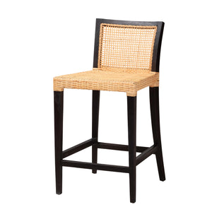 Baxton Studio Lingga Modern Bohemian Dark Brown Mahogany Wood and Natural Rattan Counter Stool