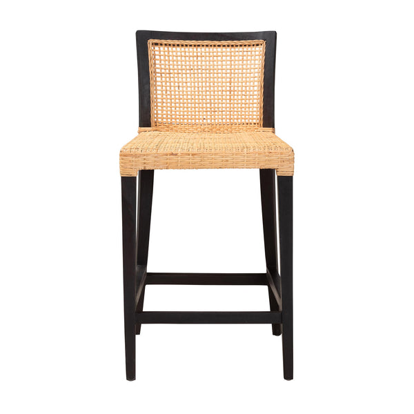 Baxton Studio Lingga Modern Bohemian Dark Brown Mahogany Wood and Natural Rattan Counter Stool