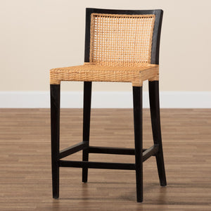 Baxton Studio Lingga Modern Bohemian Dark Brown Mahogany Wood and Natural Rattan Counter Stool