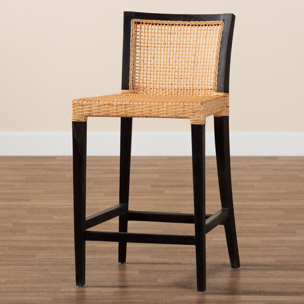 Baxton Studio Lingga Modern Bohemian Dark Brown Mahogany Wood and Natural Rattan Counter Stool
