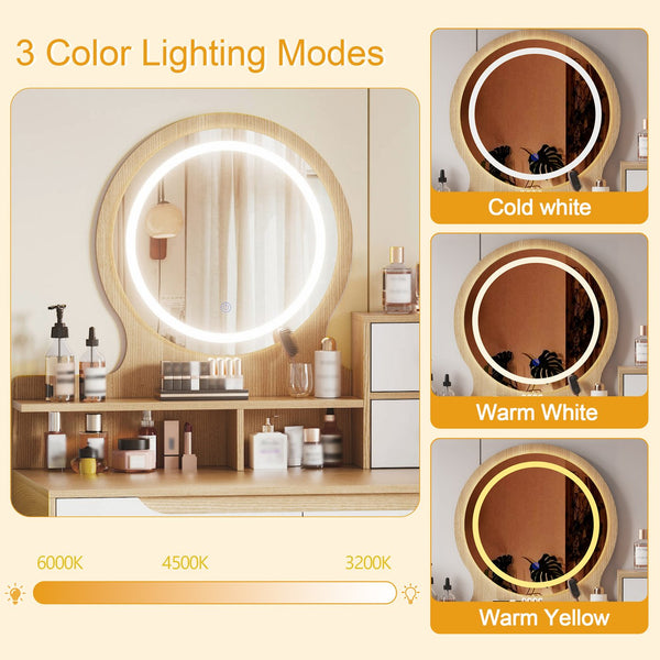 English Elm Makeup Vanity Desk with LED 3-Mode Lighted Mirror, Solid Wood Feet, 4 Drawers & Shelves, Oak Finish W509P238991