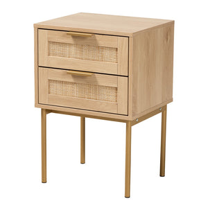 Baxton Studio Baxton Studio Dewitt Japandi End Table - Chic Light Brown Wood & Gold Metal, 2-Drawer Storage Solution SR221132-Wooden-ET
