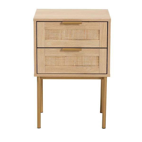 Baxton Studio Baxton Studio Dewitt Japandi End Table - Chic Light Brown Wood & Gold Metal, 2-Drawer Storage Solution SR221132-Wooden-ET