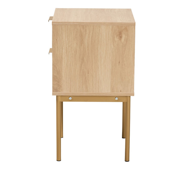 Baxton Studio Baxton Studio Dewitt Japandi End Table - Chic Light Brown Wood & Gold Metal, 2-Drawer Storage Solution SR221132-Wooden-ET