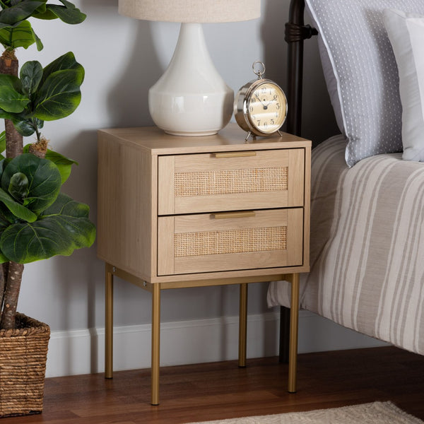 Baxton Studio Baxton Studio Dewitt Japandi End Table - Chic Light Brown Wood & Gold Metal, 2-Drawer Storage Solution SR221132-Wooden-ET
