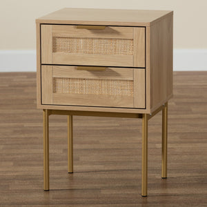 Baxton Studio Baxton Studio Dewitt Japandi End Table - Chic Light Brown Wood & Gold Metal, 2-Drawer Storage Solution SR221132-Wooden-ET