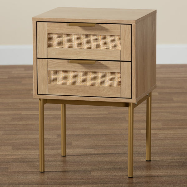 Baxton Studio Baxton Studio Dewitt Japandi End Table - Chic Light Brown Wood & Gold Metal, 2-Drawer Storage Solution SR221132-Wooden-ET