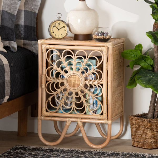 Baxton Studio bali Acelin Modern Bohemian Rattan Nightstand with Sculptural Design & Organized Storage Solution WS016-Rattan-NS