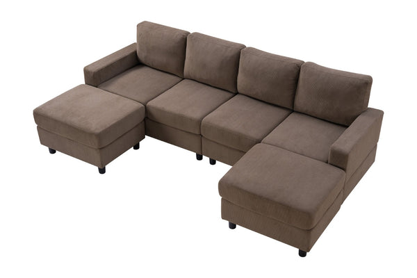 English Elm 98.8" Corduroy U-shaped Sectional with Modular Ottomans and Dense Foam for Family Rooms Brown W5515S00032