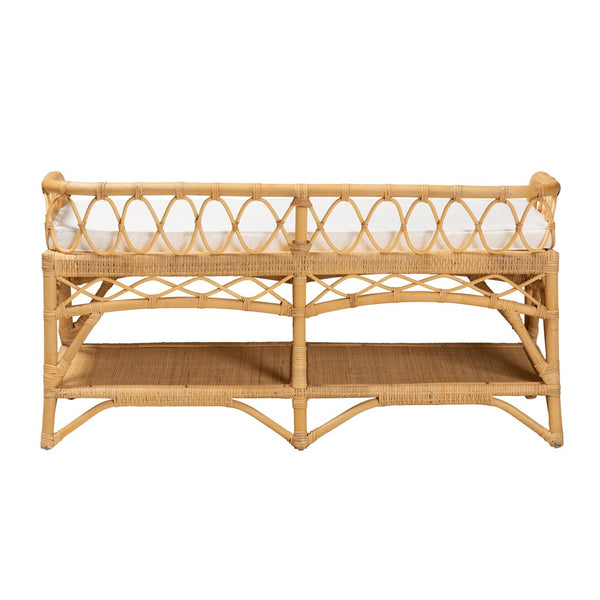 Baxton Studio bali Leryn Handcrafted Modern Bohemian Rattan Bench with Plush Cushion and Storage Shelf, 48" W WS20-Rattan-Bench