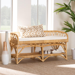 Baxton Studio bali Leryn Handcrafted Modern Bohemian Rattan Bench with Plush Cushion and Storage Shelf, 48" W WS20-Rattan-Bench