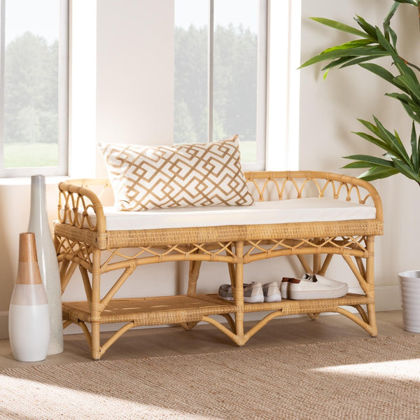 Baxton Studio bali Leryn Handcrafted Modern Bohemian Rattan Bench with Plush Cushion and Storage Shelf, 48" W WS20-Rattan-Bench