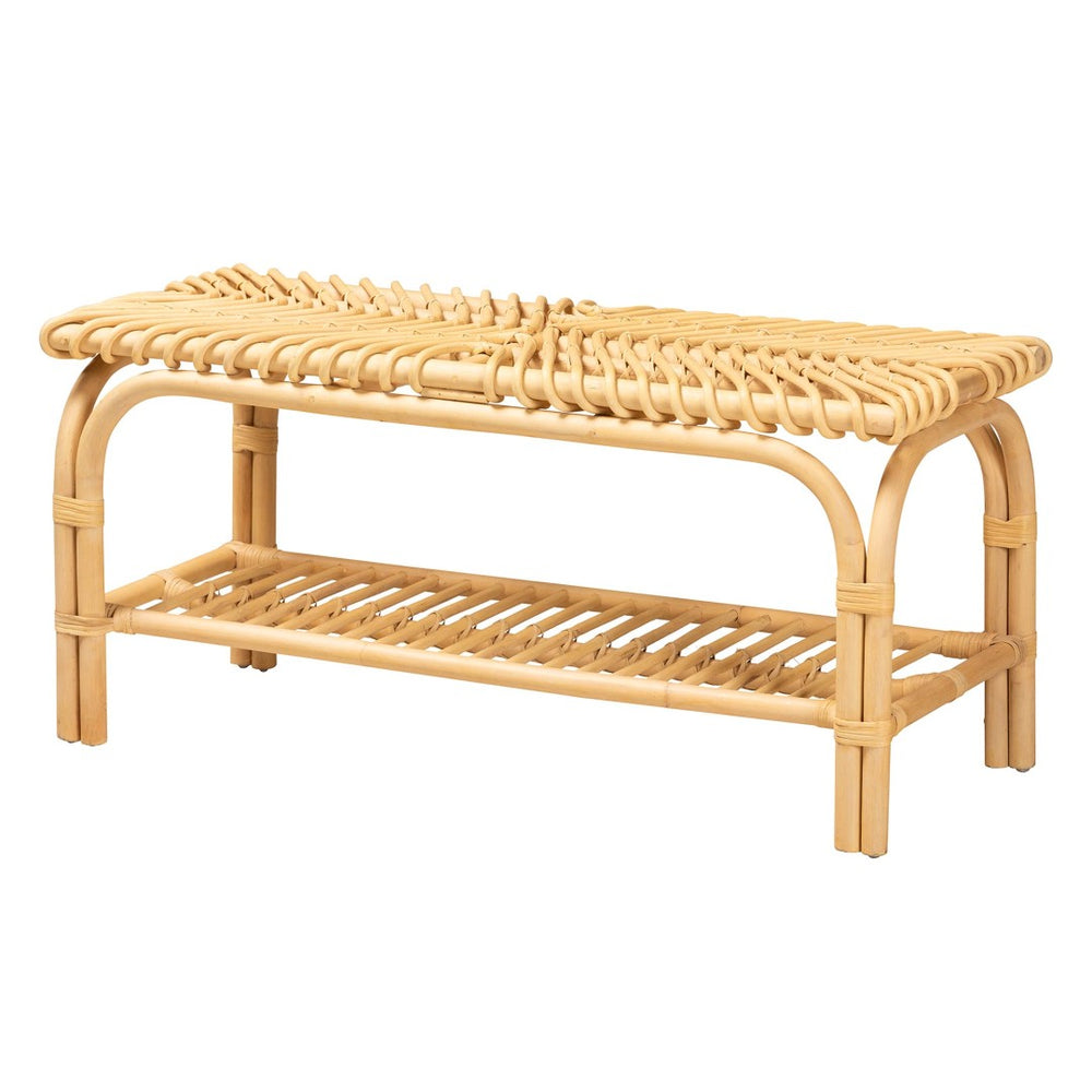 Baxton Studio bali Himari Handcrafted Modern Bohemian Rattan Accent Bench with Open Shelf for Stylish Storage WS24-Rattan-Bench