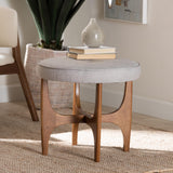 Baxton Studio Theo Japandi Greyish Beige Fabric and Walnut Brown Finished Wood Ottoman Footstool