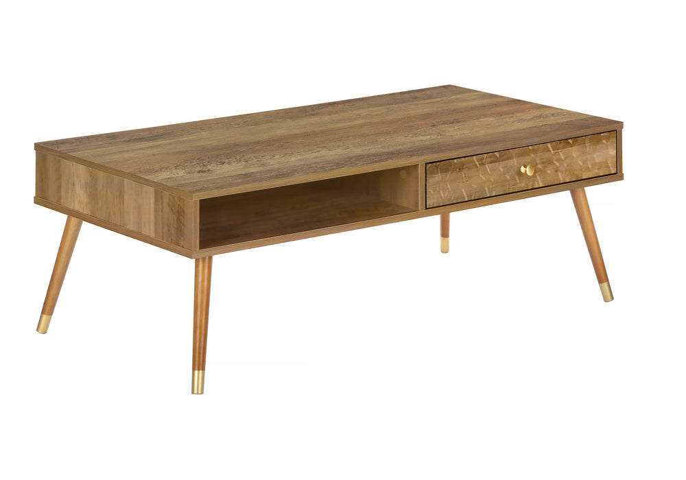 English Elm Coffee Mid-Century Walnut Coffee Table with Rippling Drawer, Gold Accents, Storage Shelf & Drawer B2710P221329