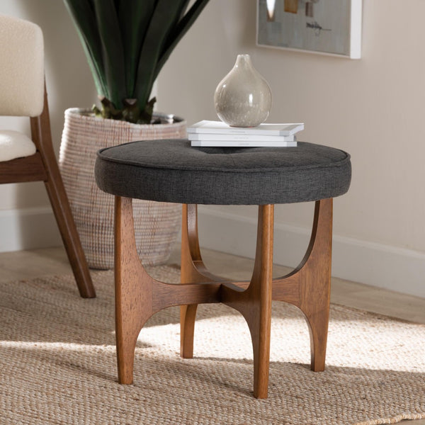 Baxton Studio Baxton Studio Theo Japandi Dark Grey Upholstered Ottoman with Walnut Brown Base - Stylish & Versatile BBT5456-Dark Grey/Walnut-Stool