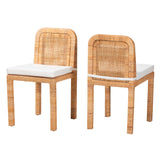 Zariah Modern Bohemian Natural Brown Rattan and Mahogany Wood 2-Piece Dining Chair Set