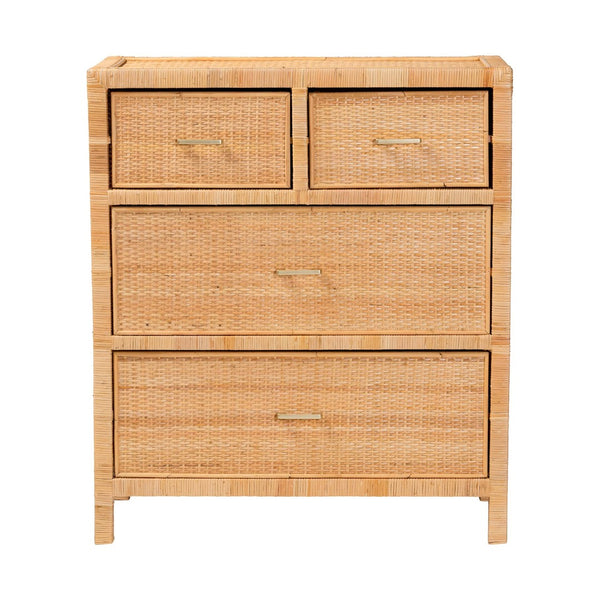Baxton Studio bali Modern Bohemian Rattan & Mahogany Storage Cabinet - Handcrafted, Stylish, and Functional Design Vaere-Mahogany-4DW-Storage Cabinet