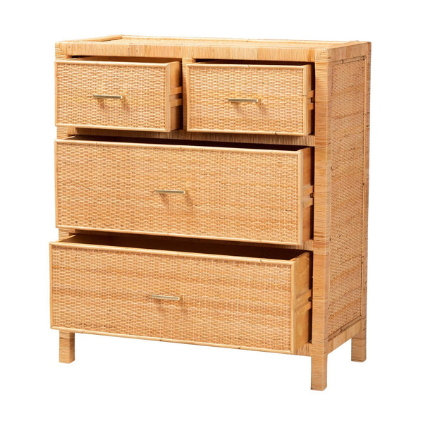 Baxton Studio bali Modern Bohemian Rattan & Mahogany Storage Cabinet - Handcrafted, Stylish, and Functional Design Vaere-Mahogany-4DW-Storage Cabinet