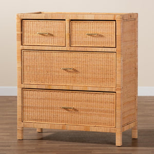Baxton Studio bali Modern Bohemian Rattan & Mahogany Storage Cabinet - Handcrafted, Stylish, and Functional Design Vaere-Mahogany-4DW-Storage Cabinet