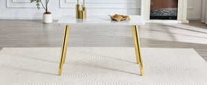 English Elm Modern Marble Look Glass Top Dining Table with Gold Tapered Legs Seats Six W1151S04622
