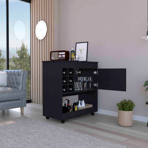 English Elm Camelia Elegant Bar Cart with Six Bottle Cubbies, Smooth Casters, Lower Shelf and Cabinet Storage Black 39.8 L x 23.6 W x 7.9 H B20092080