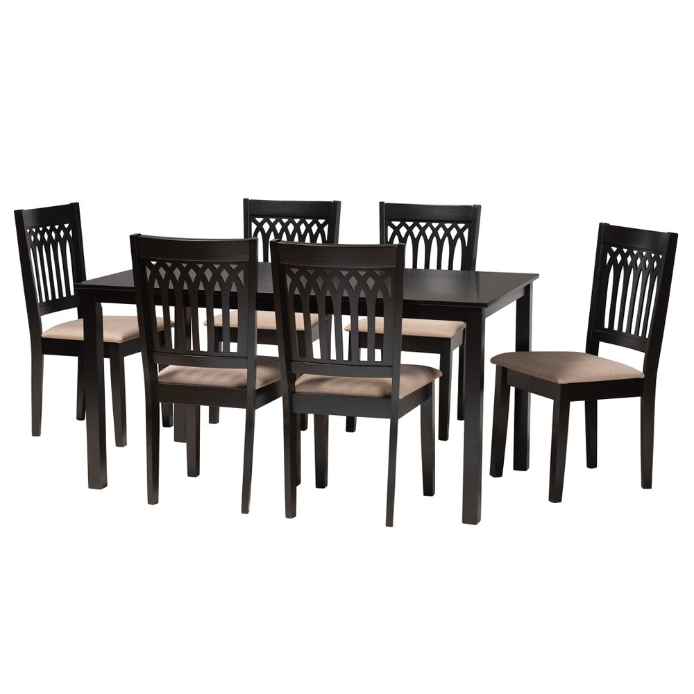 Baxton Studio Baxton Genesis 7-Piece Modern Beige Fabric Dining Set with Dark Brown Wood for Stylish Gatherings RH389C-Sand/Dark Brown-7PC Dining Set