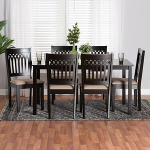 Baxton Studio Baxton Genesis 7-Piece Modern Beige Fabric Dining Set with Dark Brown Wood for Stylish Gatherings RH389C-Sand/Dark Brown-7PC Dining Set