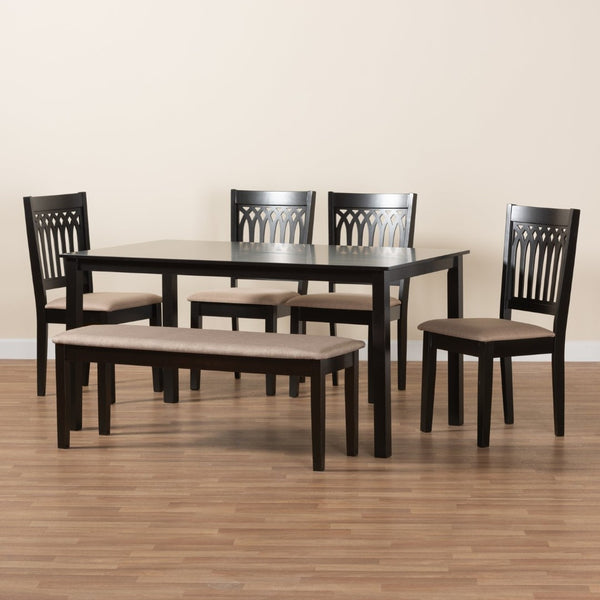 Baxton Studio Baxton Studio Genesis Modern 6-Piece Dining Set with Upholstered Chairs and Stylish Bench Design Beige 6-Piece RH389C-Sand/Dark Brown-6PC Dining Set