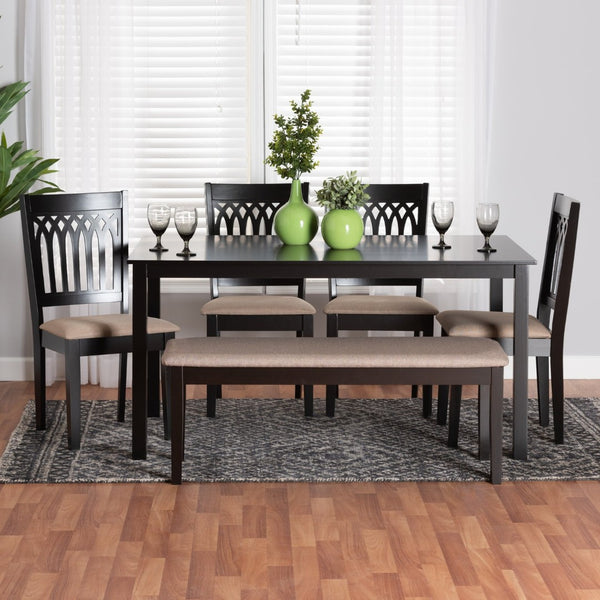 Baxton Studio Baxton Studio Genesis Modern 6-Piece Dining Set with Upholstered Chairs and Stylish Bench Design Beige 6-Piece RH389C-Sand/Dark Brown-6PC Dining Set