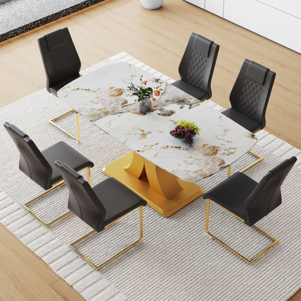 English Elm Table And Chair Set - Luxurious 71" Pandora Glass Dining Table With Golden C-Shaped Legs & 6 Pu Chairs W1151S03225-GIGA