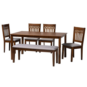 Baxton Studio Baxton Studio Genesis Modern 6-Piece Dining Set with Upholstered Chairs and Stylish Bench Design Walnut 6-Piece RH389C-Grey/Walnut-6PC Dining Set