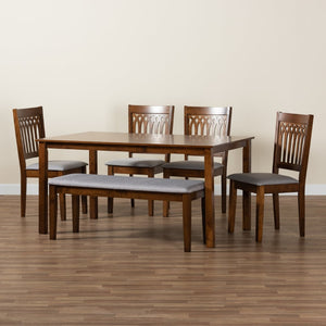Baxton Studio Baxton Studio Genesis Modern 6-Piece Dining Set with Upholstered Chairs and Stylish Bench Design Walnut 6-Piece RH389C-Grey/Walnut-6PC Dining Set