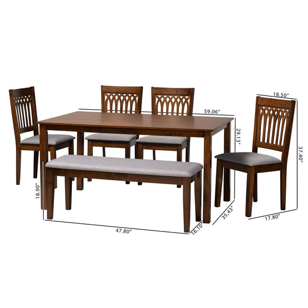 Baxton Studio Baxton Studio Genesis Modern 6-Piece Dining Set with Upholstered Chairs and Stylish Bench Design Walnut 6-Piece RH389C-Grey/Walnut-6PC Dining Set