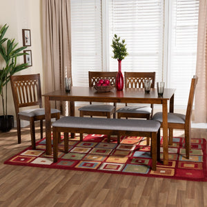 Baxton Studio Baxton Studio Genesis Modern 6-Piece Dining Set with Upholstered Chairs and Stylish Bench Design Walnut 6-Piece RH389C-Grey/Walnut-6PC Dining Set