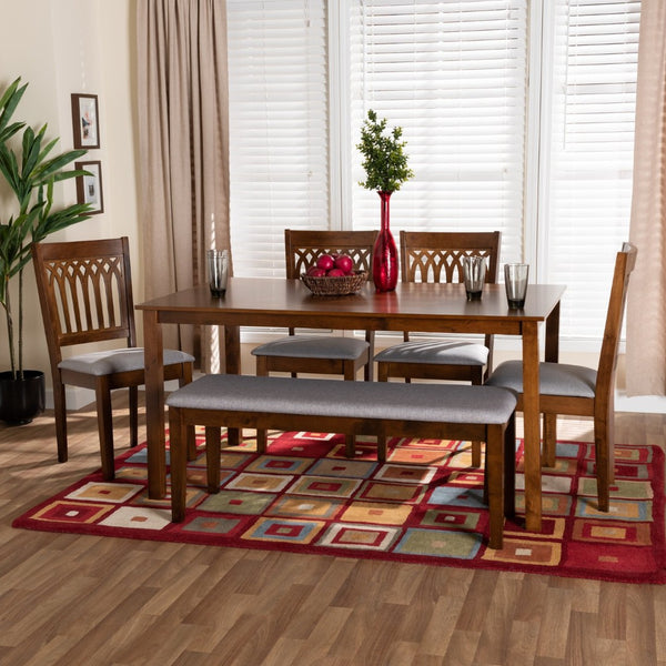 Baxton Studio Baxton Studio Genesis Modern 6-Piece Dining Set with Upholstered Chairs and Stylish Bench Design Walnut 6-Piece RH389C-Grey/Walnut-6PC Dining Set