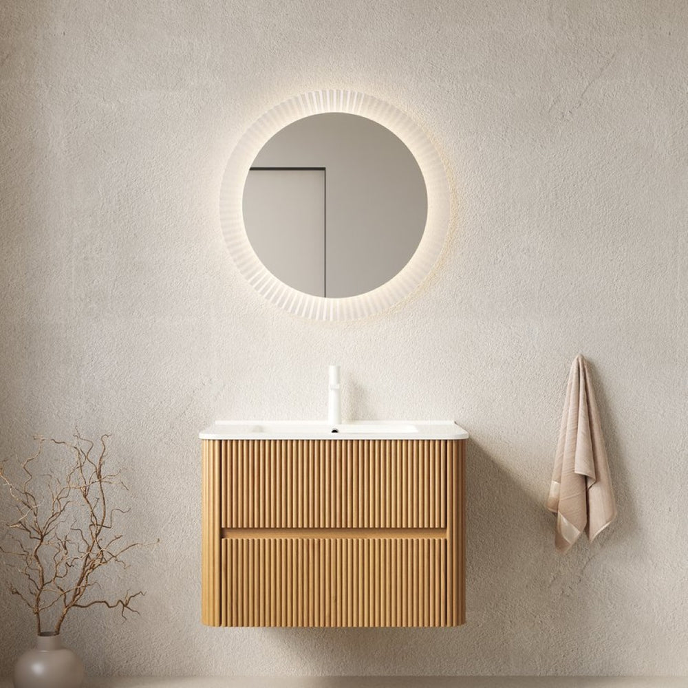 English Elm Noor Oak Veneer Floating Bathroom Vanity with Grooved Plywood Cabinet and Ceramic Basin W2615P380401